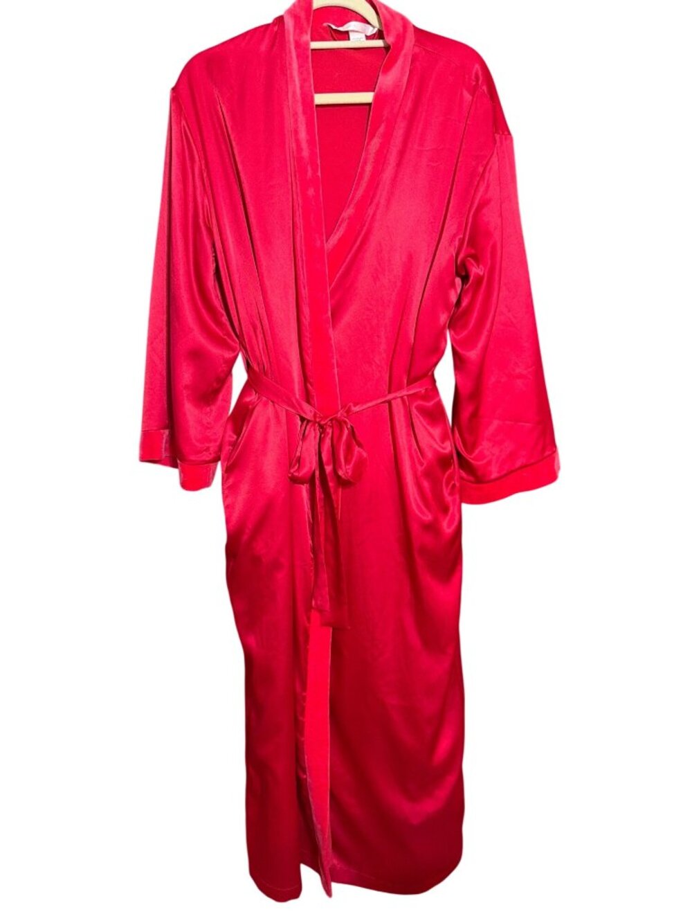 Vintage Victorias Secret Red Satin Robe Velvet Trim Lining Dressing Gown Sz XS/S
